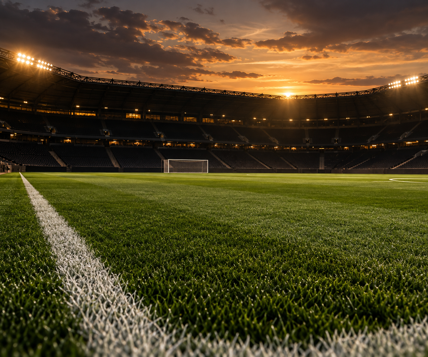 Campo de futebol com gramado verde e estádio iluminado ao pôr do sol